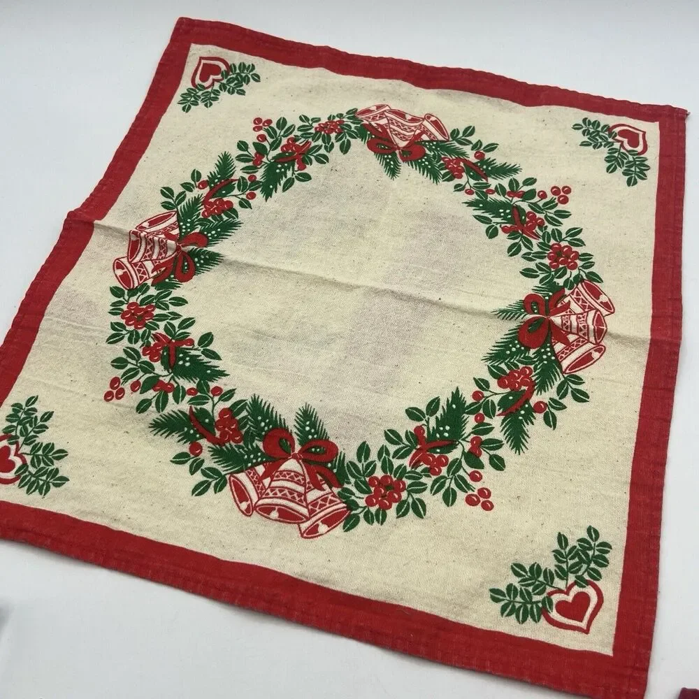 2 Vintage Cotton Muslin Christmas Napkins Red Green Bells Hearts Holly 13
